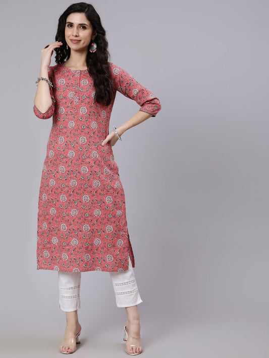 Women Pink Floral Printed Straight Kurta With Three Quarter Sleeves | LASVINI - Redefining Indian Fashion with Elegance
