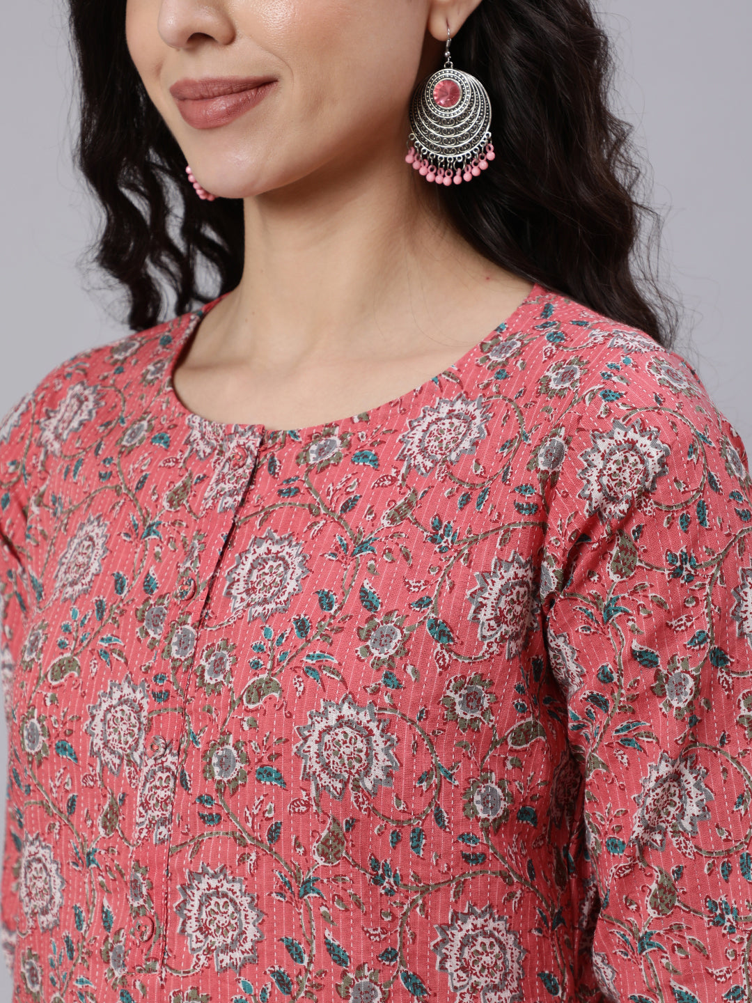 Women Pink Floral Printed Straight Kurta With Three Quarter Sleeves | LASVINI - Redefining Indian Fashion with Elegance