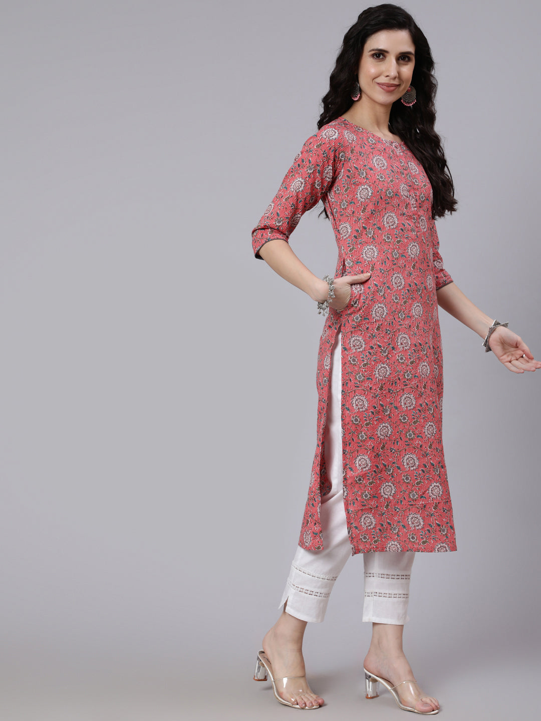 Women Pink Floral Printed Straight Kurta With Three Quarter Sleeves | LASVINI - Redefining Indian Fashion with Elegance
