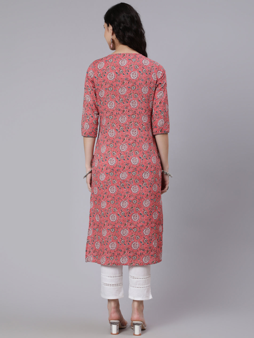 Women Pink Floral Printed Straight Kurta With Three Quarter Sleeves | LASVINI - Redefining Indian Fashion with Elegance