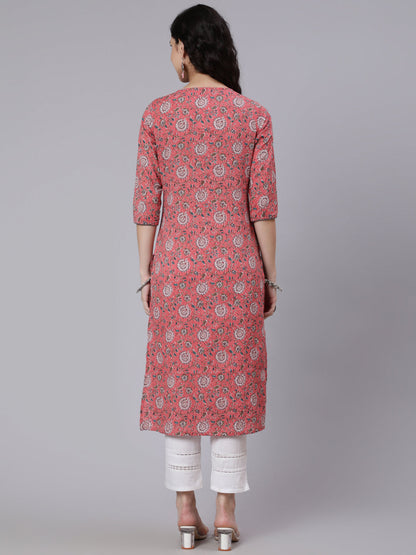 Women Pink Floral Printed Straight Kurta With Three Quarter Sleeves | LASVINI - Redefining Indian Fashion with Elegance