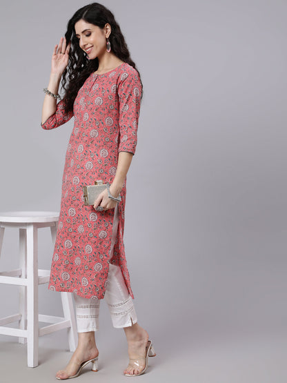 Women Pink Floral Printed Straight Kurta With Three Quarter Sleeves | LASVINI - Redefining Indian Fashion with Elegance