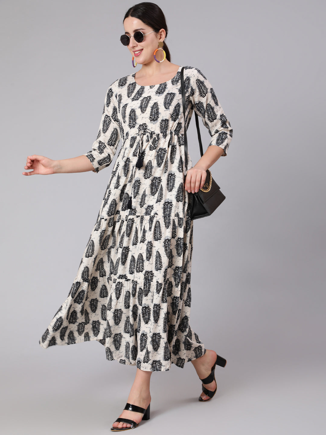 Women Off-White Printed Flared Dress With Three Quarter Sleeves | LASVINI - Redefining Indian Fashion with Elegance