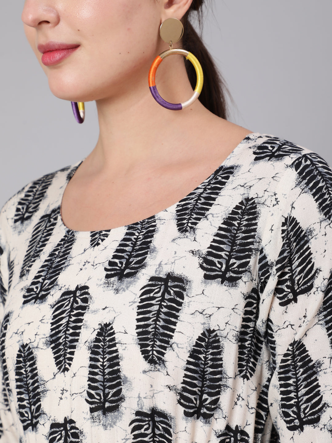 Women Off-White Printed Flared Dress With Three Quarter Sleeves | LASVINI - Redefining Indian Fashion with Elegance