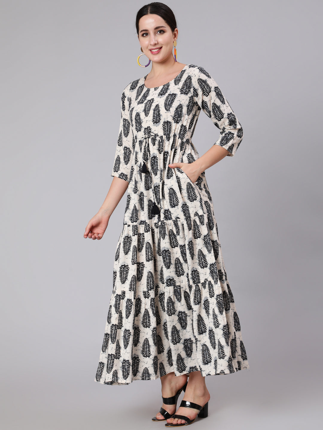 Women Off-White Printed Flared Dress With Three Quarter Sleeves | LASVINI - Redefining Indian Fashion with Elegance