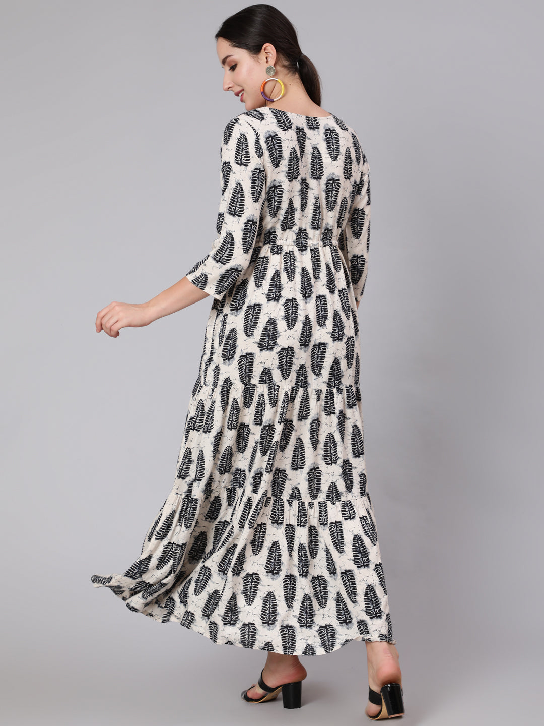 Women Off-White Printed Flared Dress With Three Quarter Sleeves | LASVINI - Redefining Indian Fashion with Elegance