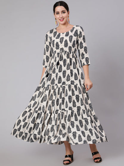 Women Off-White Printed Flared Dress With Three Quarter Sleeves | LASVINI - Redefining Indian Fashion with Elegance
