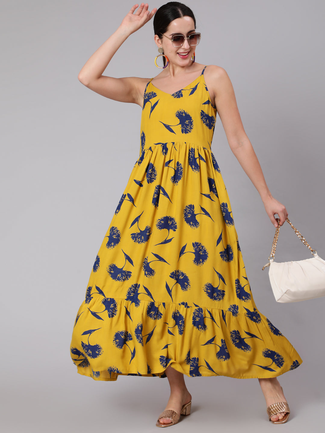Women Yellow Floral Printed Sleeveless Dress | LASVINI - Redefining Indian Fashion with Elegance