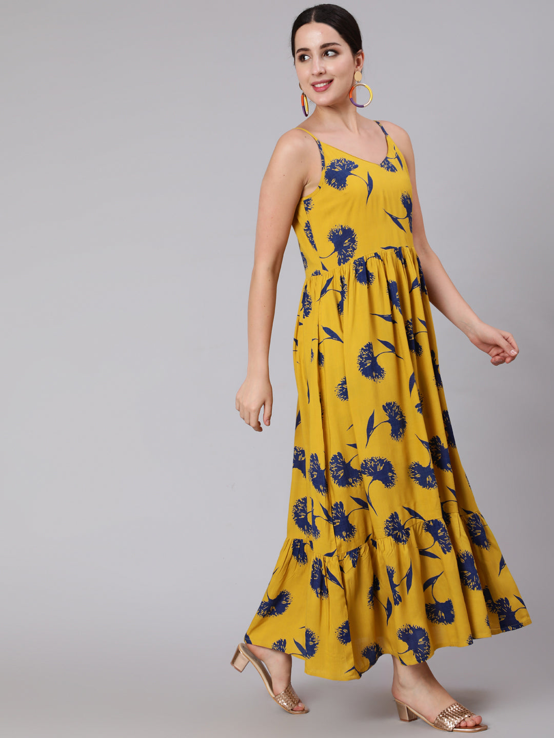 Women Yellow Floral Printed Sleeveless Dress | LASVINI - Redefining Indian Fashion with Elegance