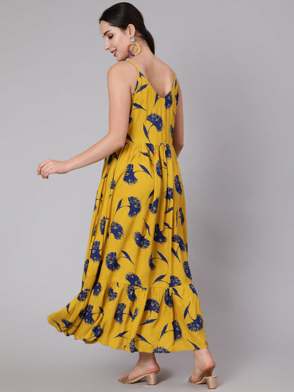 Women Yellow Floral Printed Sleeveless Dress | LASVINI - Redefining Indian Fashion with Elegance