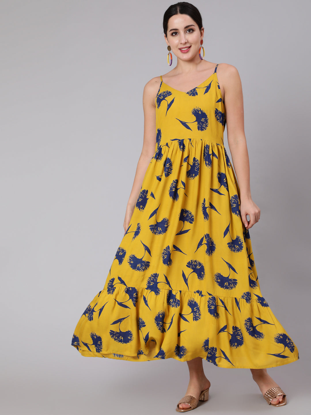 Women Yellow Floral Printed Sleeveless Dress | LASVINI - Redefining Indian Fashion with Elegance