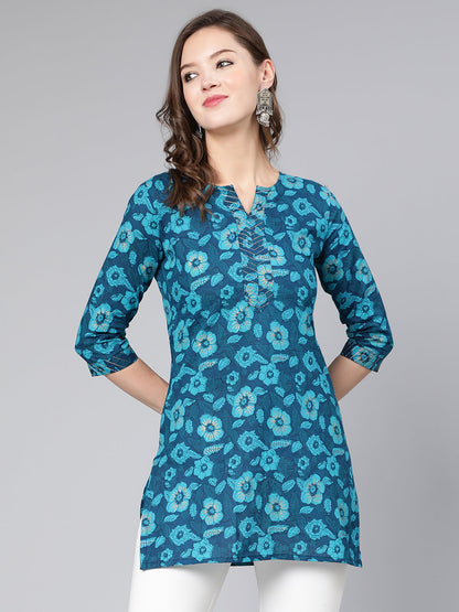 Women Blue Floral Printed Straight Tunic With Three Quarter Sleeves | LASVINI - Redefining Indian Fashion with Elegance