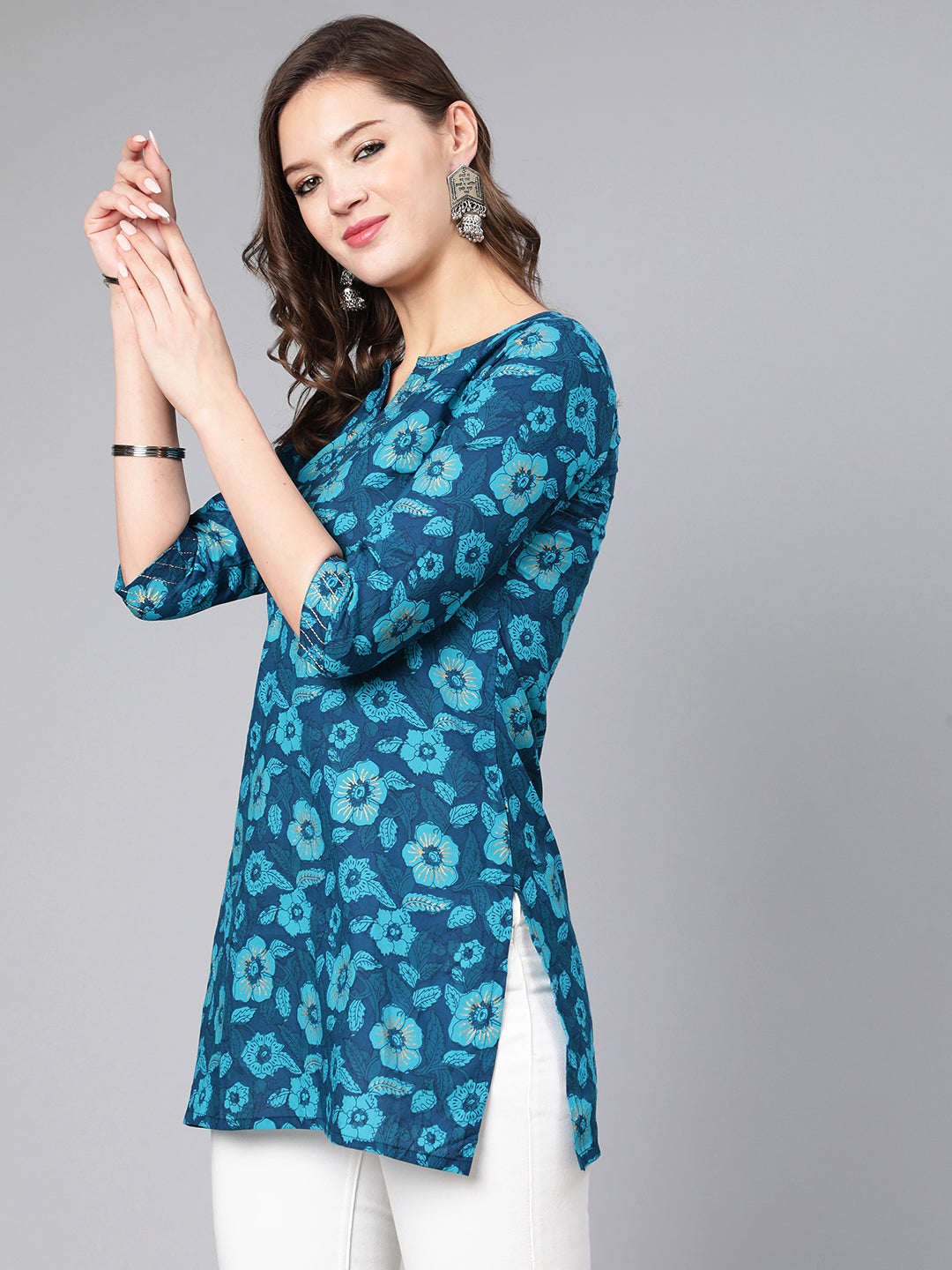 Women Blue Floral Printed Straight Tunic With Three Quarter Sleeves | LASVINI - Redefining Indian Fashion with Elegance