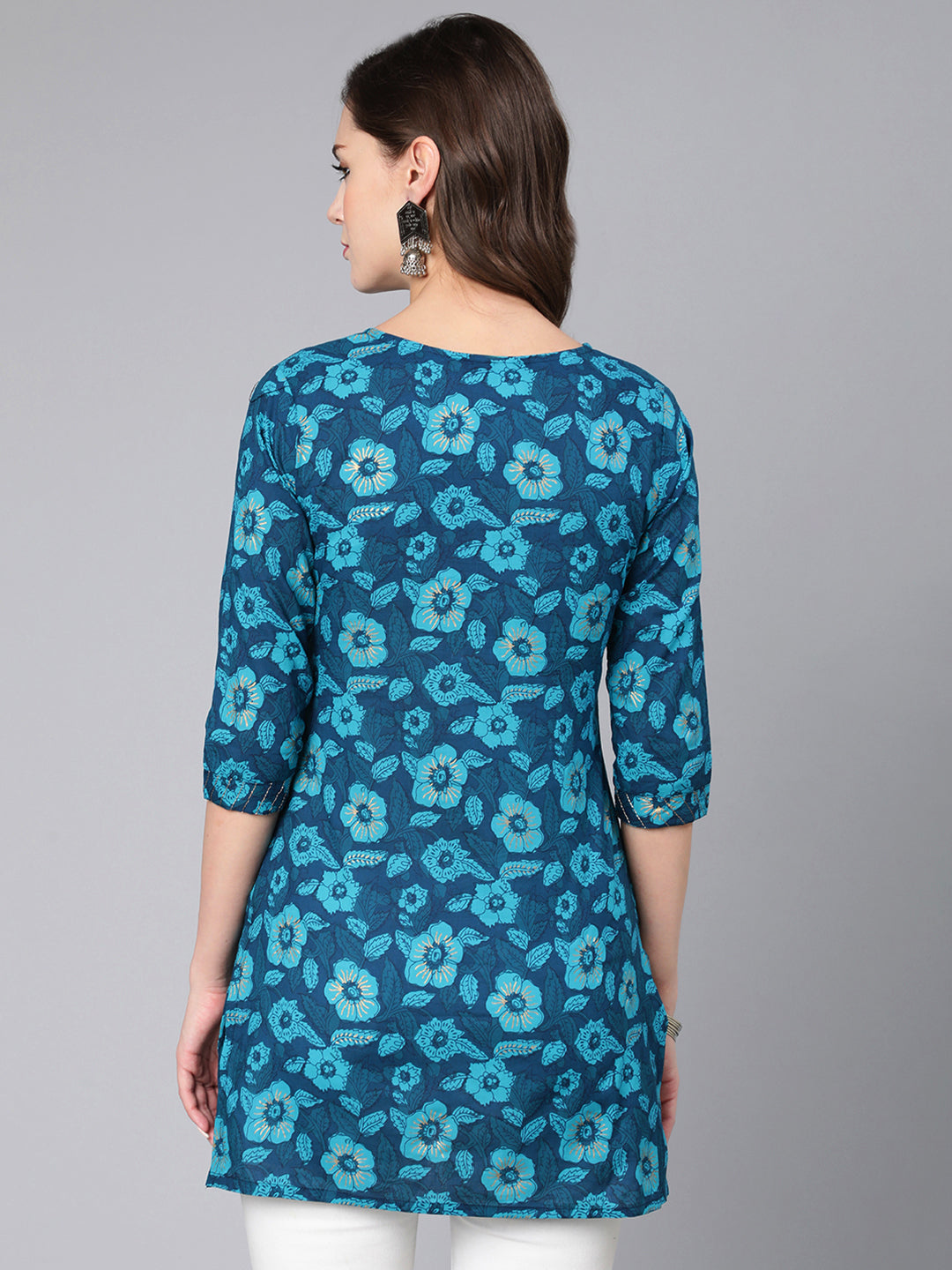 Women Blue Floral Printed Straight Tunic With Three Quarter Sleeves | LASVINI - Redefining Indian Fashion with Elegance