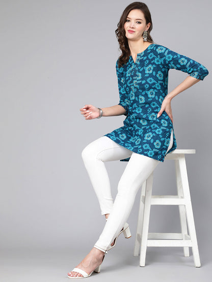 Women Blue Floral Printed Straight Tunic With Three Quarter Sleeves | LASVINI - Redefining Indian Fashion with Elegance