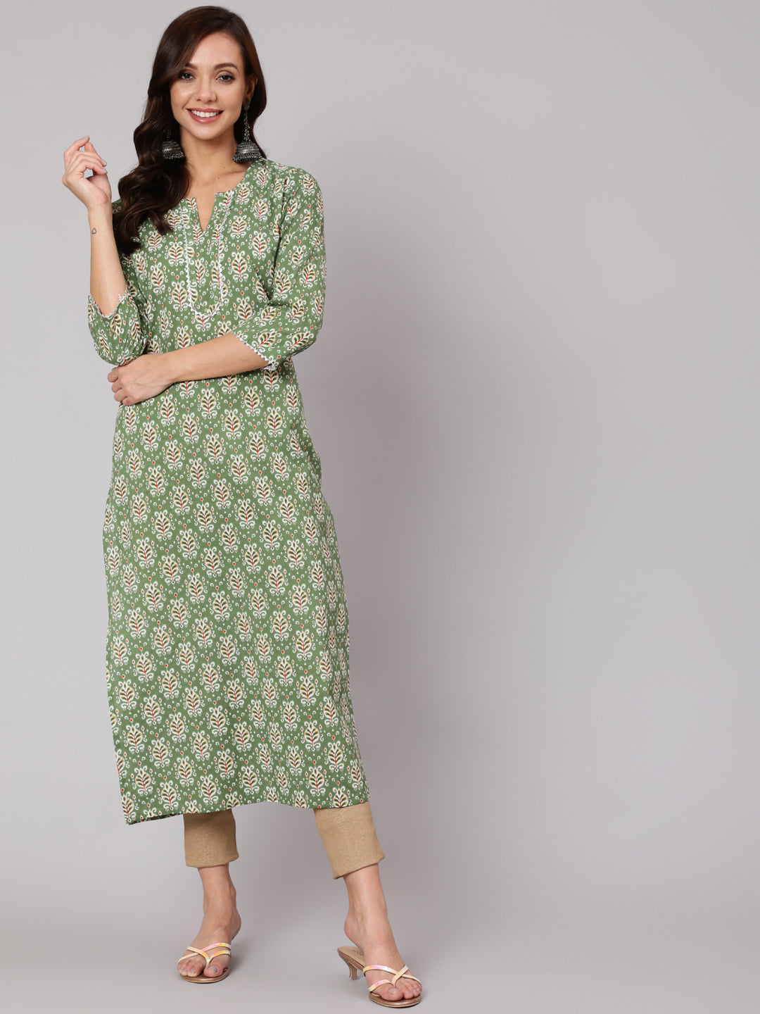 Women Green Ethnic Printed Straight Kurta With Three Quarter Sleeves | LASVINI - Redefining Indian Fashion with Elegance