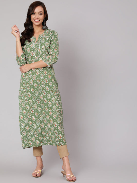 Women Green Ethnic Printed Straight Kurta With Three Quarter Sleeves | LASVINI - Redefining Indian Fashion with Elegance