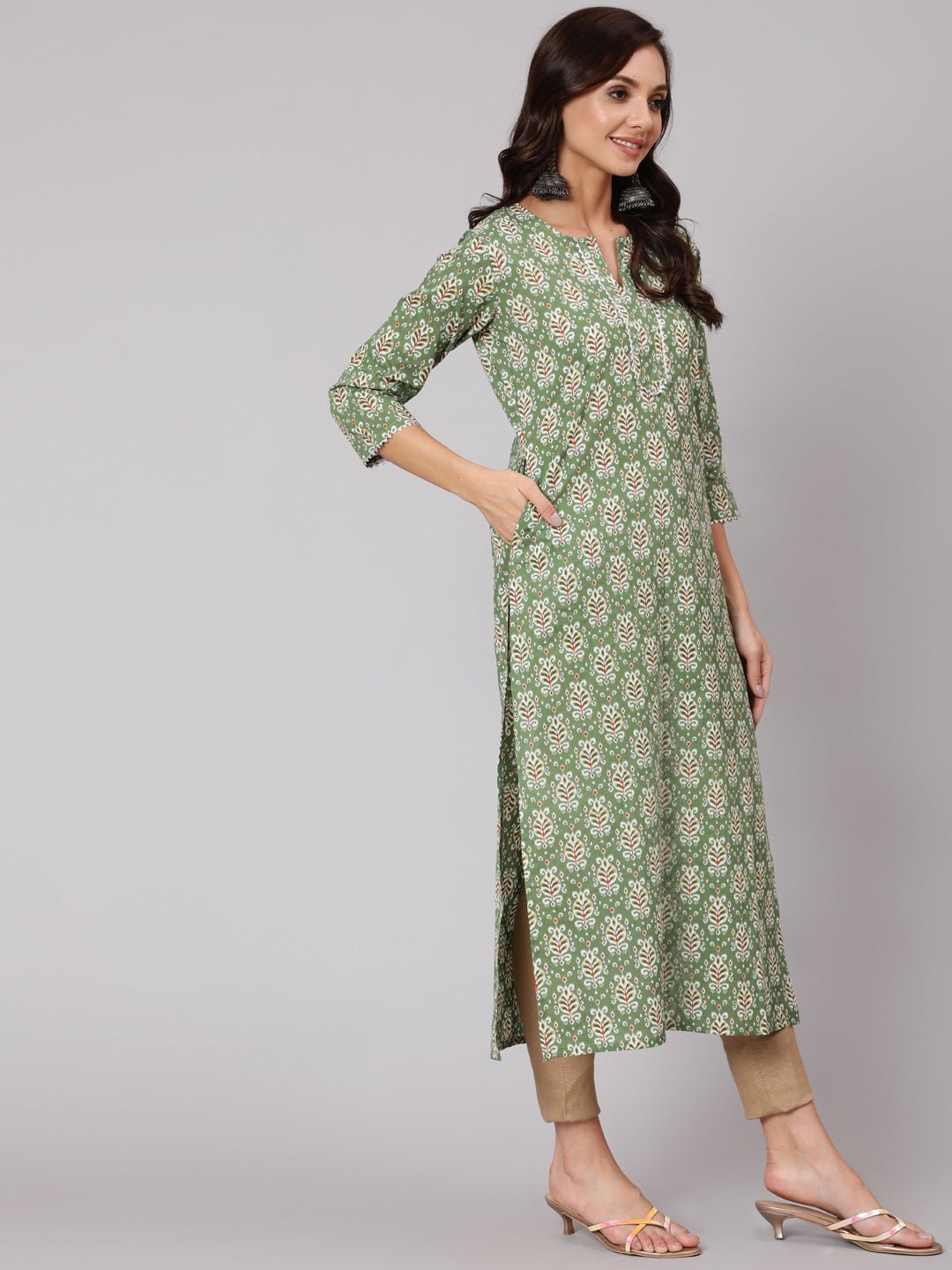 Women Green Ethnic Printed Straight Kurta With Three Quarter Sleeves | LASVINI - Redefining Indian Fashion with Elegance