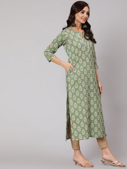 Women Green Ethnic Printed Straight Kurta With Three Quarter Sleeves | LASVINI - Redefining Indian Fashion with Elegance