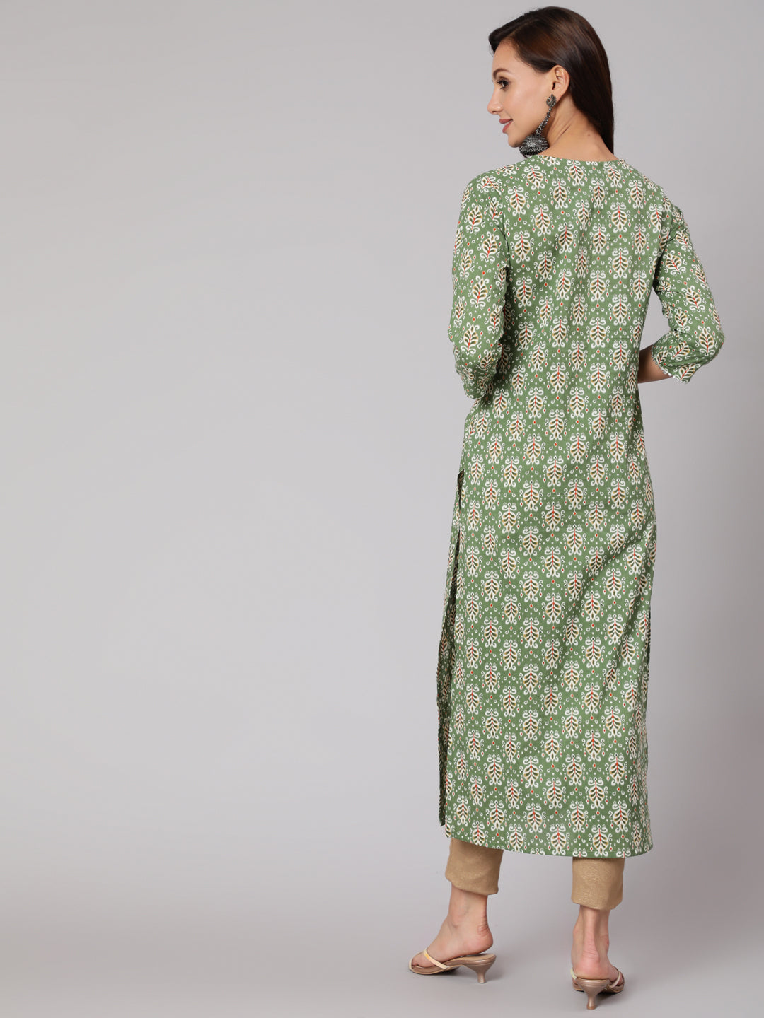 Women Green Ethnic Printed Straight Kurta With Three Quarter Sleeves | LASVINI - Redefining Indian Fashion with Elegance