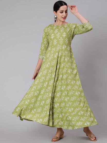 Women Olive Green Floral Printed Maxi Dress With Three Quarter Sleeves | LASVINI - Redefining Indian Fashion with Elegance