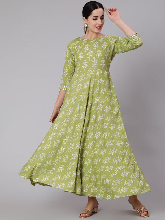 Women Olive Green Floral Printed Maxi Dress With Three Quarter Sleeves | LASVINI - Redefining Indian Fashion with Elegance
