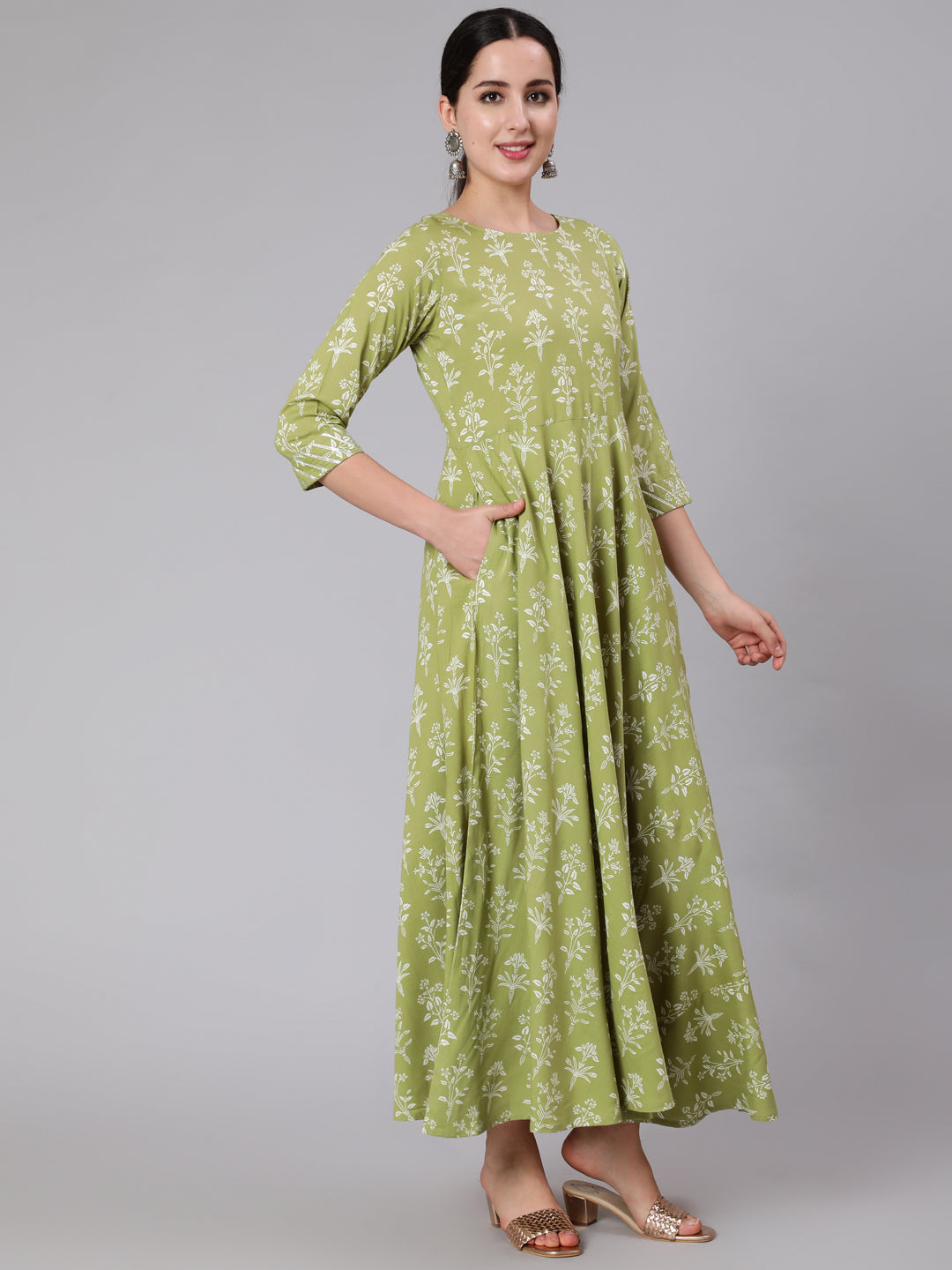Women Olive Green Floral Printed Maxi Dress With Three Quarter Sleeves | LASVINI - Redefining Indian Fashion with Elegance