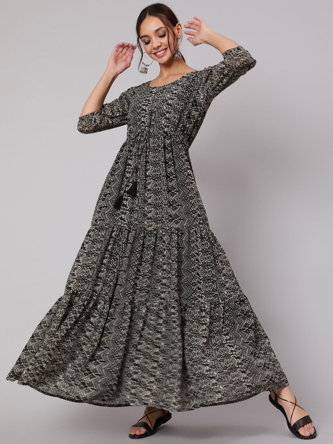 Women Black Geometric Printed Taired Dress With Three Quarter Sleeves | LASVINI - Redefining Indian Fashion with Elegance