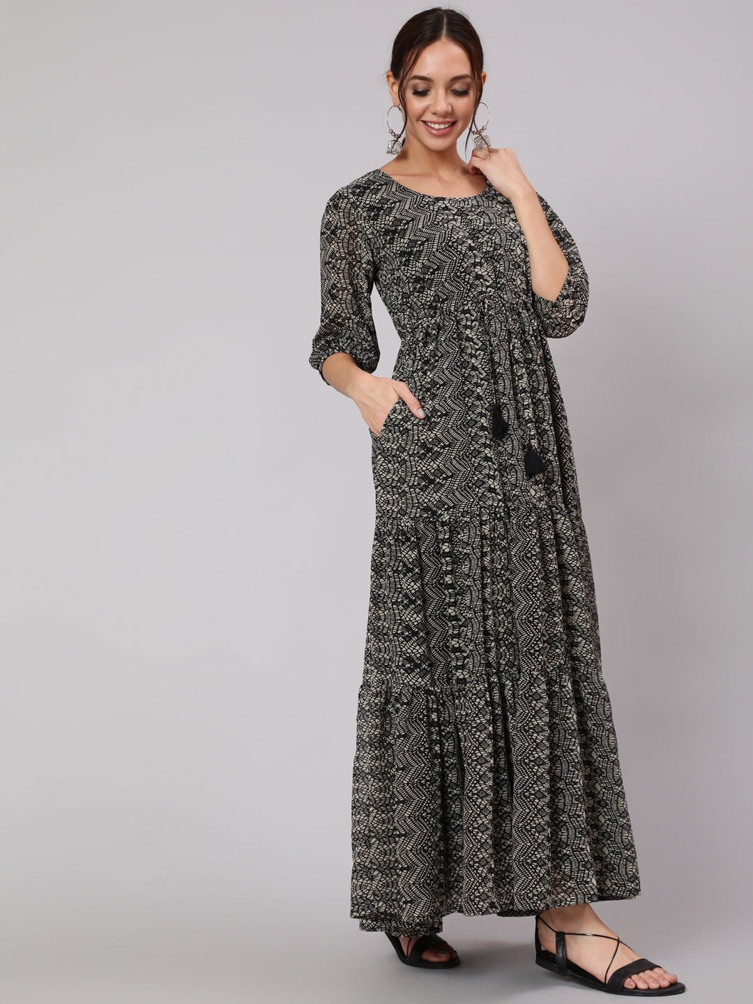 Women Black Geometric Printed Taired Dress With Three Quarter Sleeves | LASVINI - Redefining Indian Fashion with Elegance