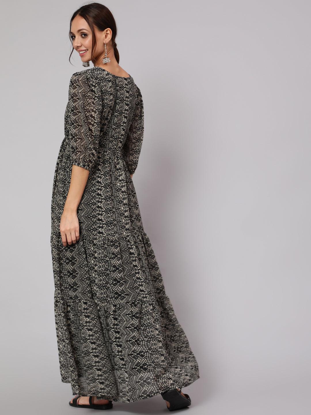 Women Black Geometric Printed Taired Dress With Three Quarter Sleeves | LASVINI - Redefining Indian Fashion with Elegance