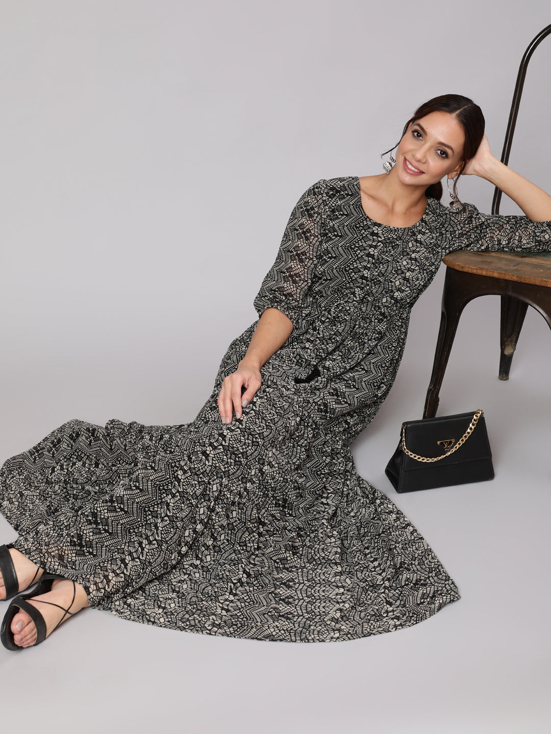 Women Black Geometric Printed Taired Dress With Three Quarter Sleeves | LASVINI - Redefining Indian Fashion with Elegance