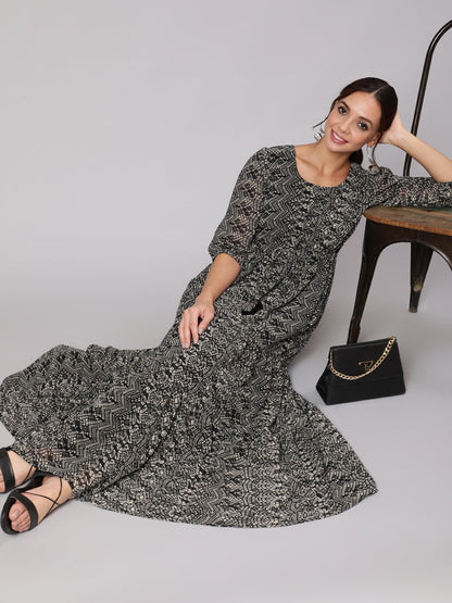 Women Black Geometric Printed Taired Dress With Three Quarter Sleeves | LASVINI - Redefining Indian Fashion with Elegance