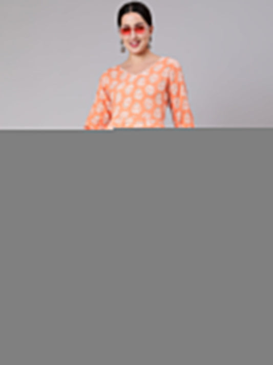 Women Peach Floral Printed Dress With Three Quarter Sleeves | LASVINI - Redefining Indian Fashion with Elegance