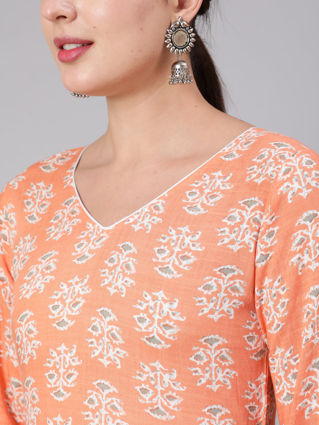 Women Peach Floral Printed Dress With Three Quarter Sleeves | LASVINI - Redefining Indian Fashion with Elegance