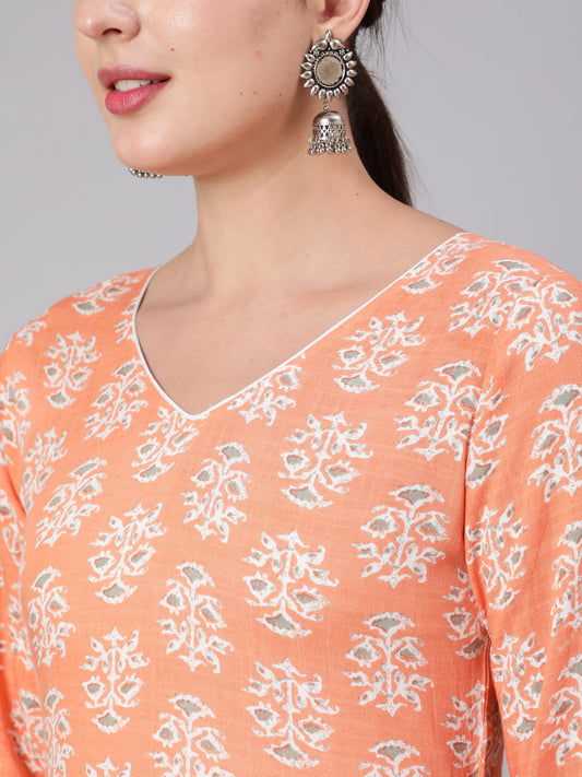 Women Peach Floral Printed Dress With Three Quarter Sleeves | LASVINI - Redefining Indian Fashion with Elegance