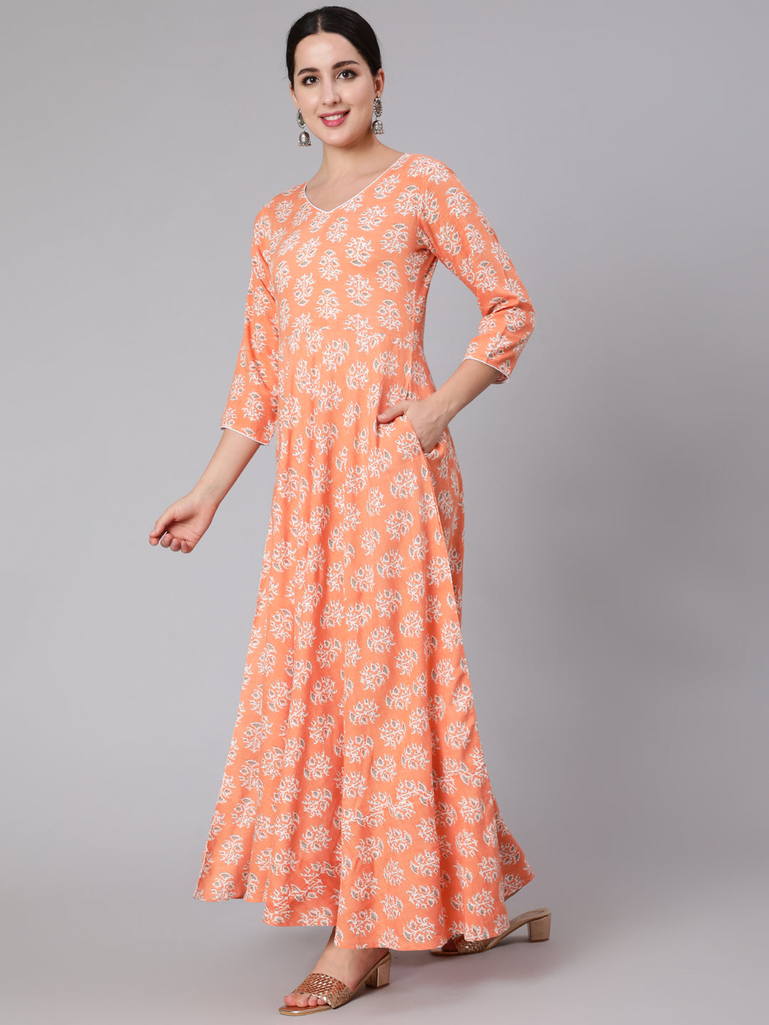 Women Peach Floral Printed Dress With Three Quarter Sleeves | LASVINI - Redefining Indian Fashion with Elegance