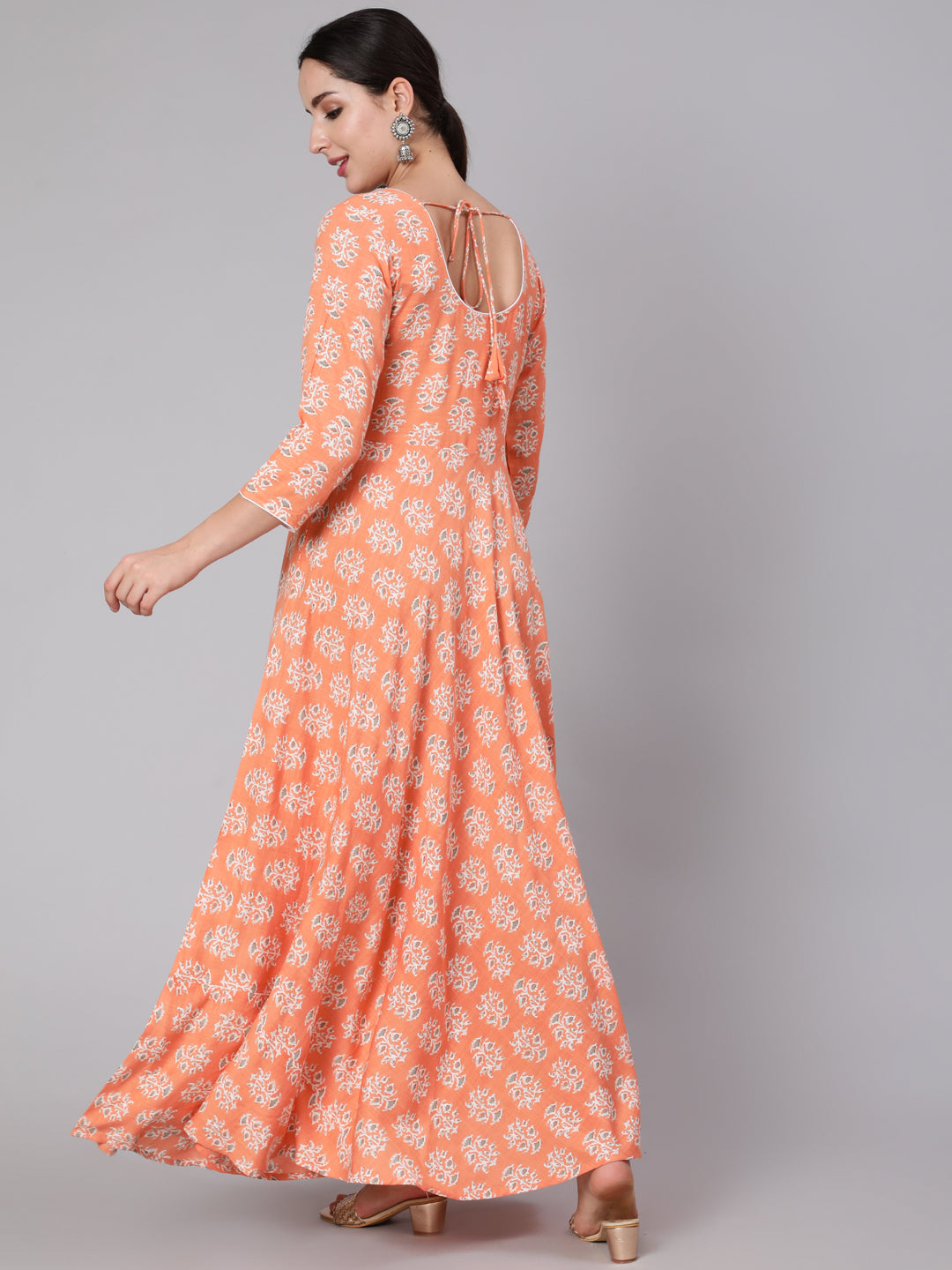 Women Peach Floral Printed Dress With Three Quarter Sleeves | LASVINI - Redefining Indian Fashion with Elegance
