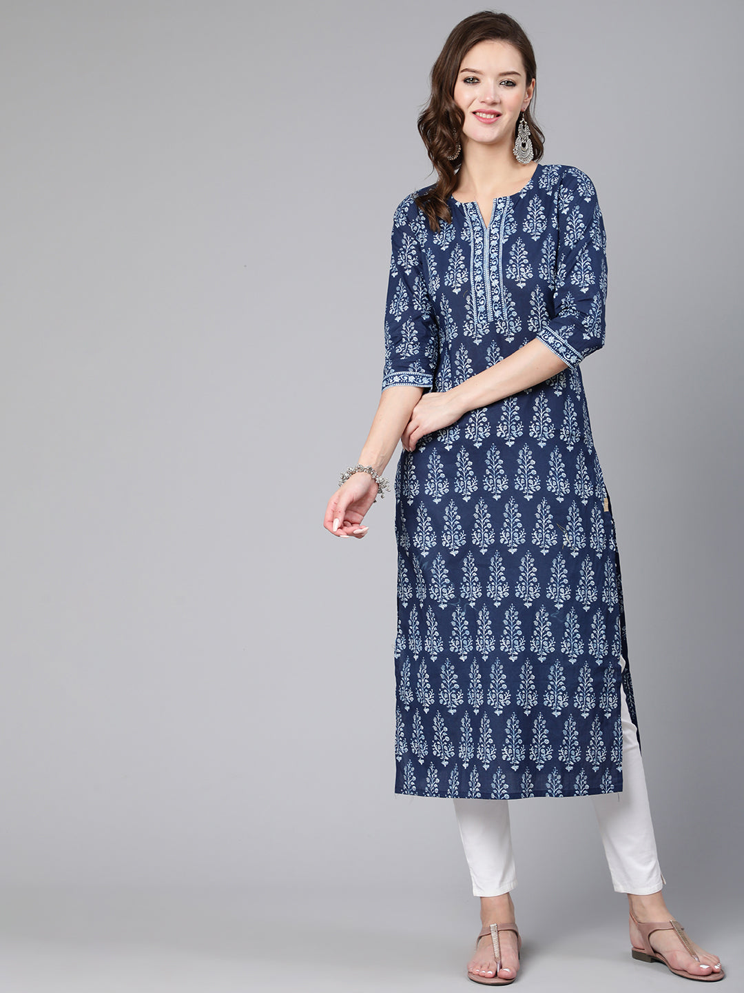 Women Blue Ethnic Printed Straight Kurta With Three Quarter Sleeves | LASVINI - Redefining Indian Fashion with Elegance