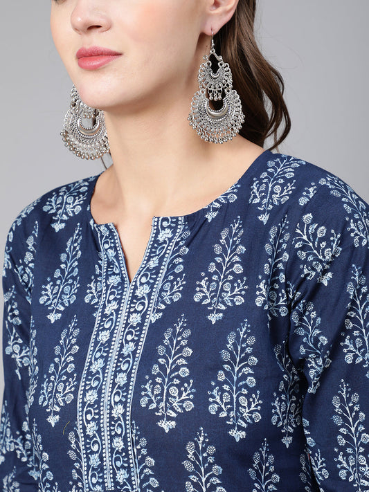 Women Blue Ethnic Printed Straight Kurta With Three Quarter Sleeves | LASVINI - Redefining Indian Fashion with Elegance