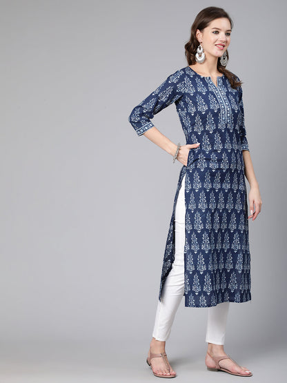 Women Blue Ethnic Printed Straight Kurta With Three Quarter Sleeves | LASVINI - Redefining Indian Fashion with Elegance