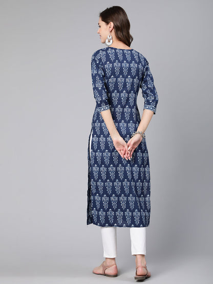 Women Blue Ethnic Printed Straight Kurta With Three Quarter Sleeves | LASVINI - Redefining Indian Fashion with Elegance