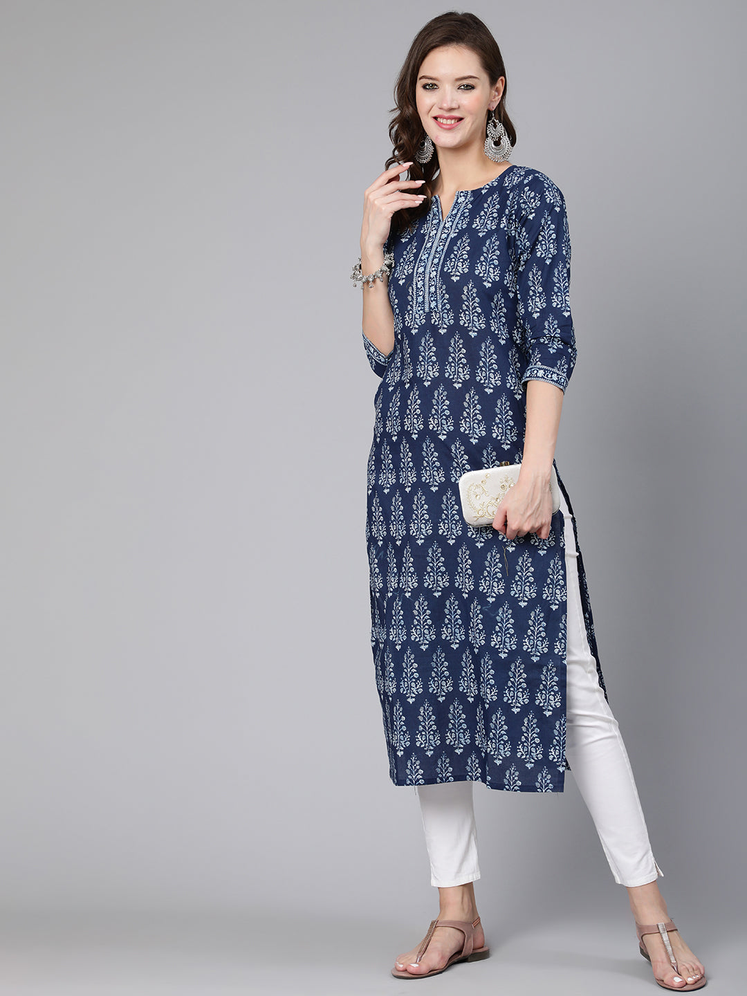 Women Blue Ethnic Printed Straight Kurta With Three Quarter Sleeves | LASVINI - Redefining Indian Fashion with Elegance