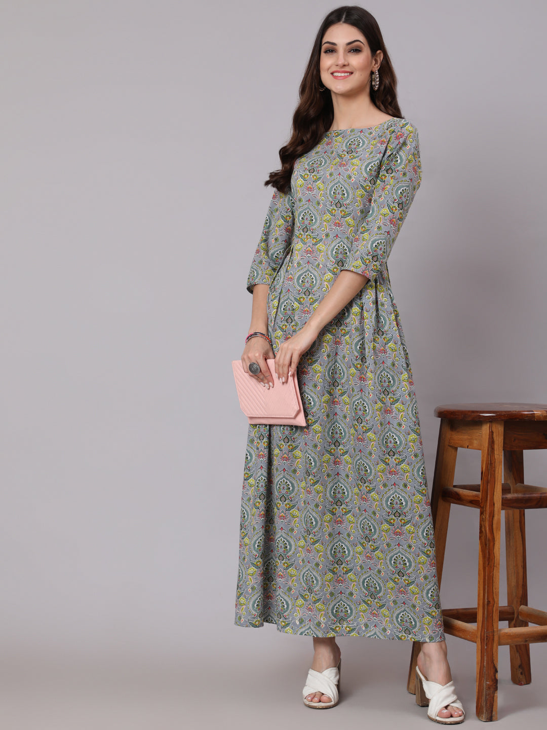 Women Grey Abstract Printed Plited Dress With Three Quarter Sleeves | LASVINI - Redefining Indian Fashion with Elegance