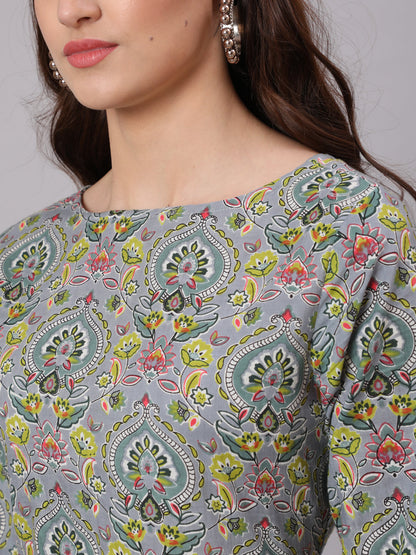 Women Grey Abstract Printed Plited Dress With Three Quarter Sleeves | LASVINI - Redefining Indian Fashion with Elegance