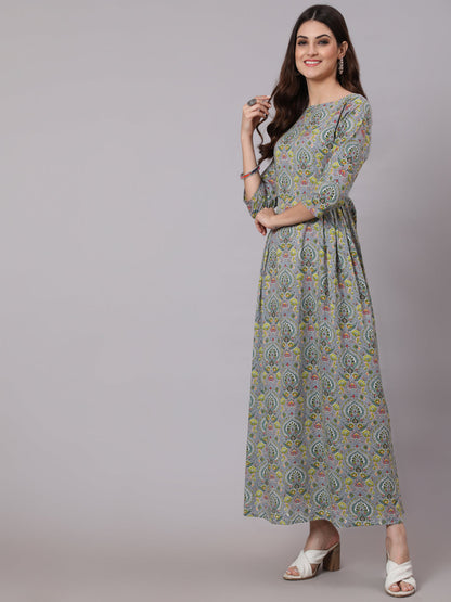 Women Grey Abstract Printed Plited Dress With Three Quarter Sleeves | LASVINI - Redefining Indian Fashion with Elegance