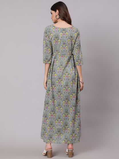 Women Grey Abstract Printed Plited Dress With Three Quarter Sleeves | LASVINI - Redefining Indian Fashion with Elegance