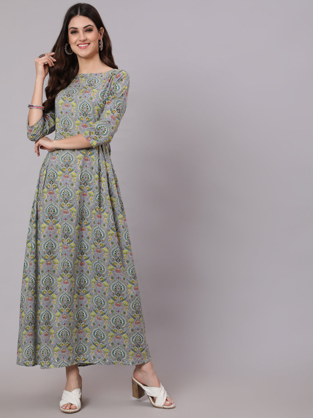 Women Grey Abstract Printed Plited Dress With Three Quarter Sleeves | LASVINI - Redefining Indian Fashion with Elegance
