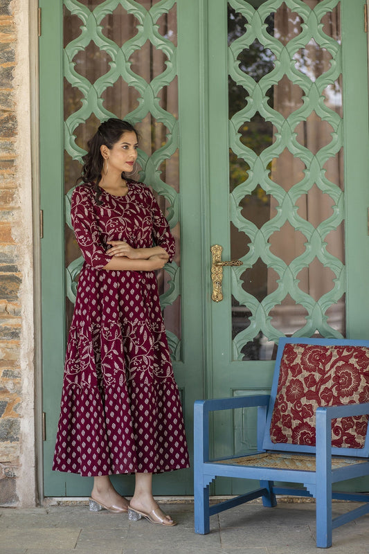 Women Burgundy Ethnic Printed Flared Dress With Three Quarter Sleevs | LASVINI - Redefining Indian Fashion with Elegance