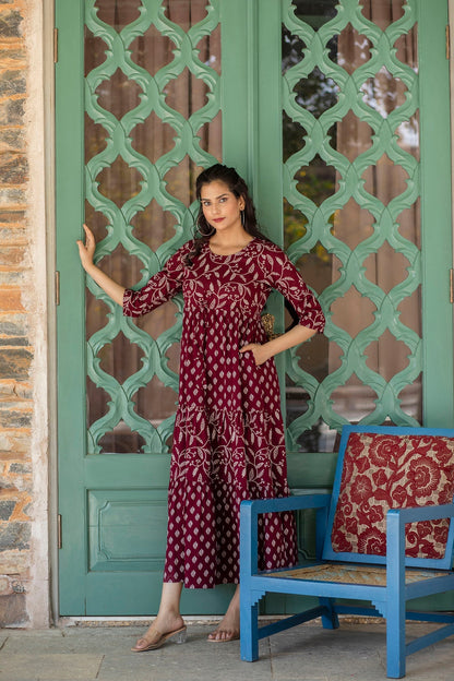 Women Burgundy Ethnic Printed Flared Dress With Three Quarter Sleevs | LASVINI - Redefining Indian Fashion with Elegance