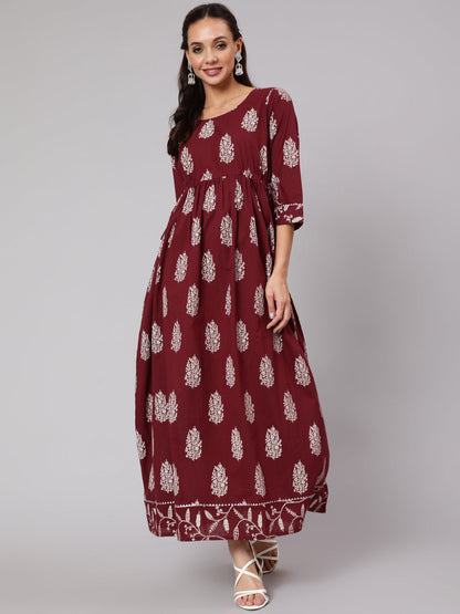 Women Maroon Ethnic Printed Gathered Dress With Three Quarter Sleeves | LASVINI - Redefining Indian Fashion with Elegance